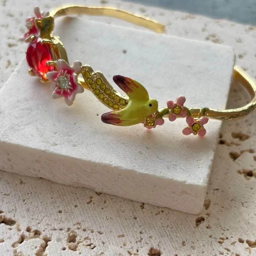 Les Nereides Gold Pink Bird Bracelet Floral Statement Jewelry